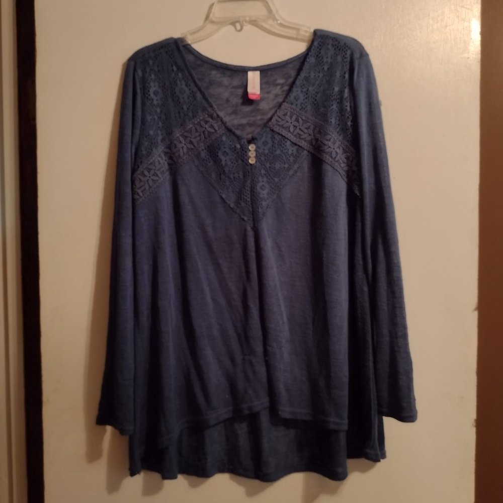 2X WOMEN'S BLUE LONG SLEEVE TOP KNIT SHIRT LADIES NAVY LACE FRONT 2XL